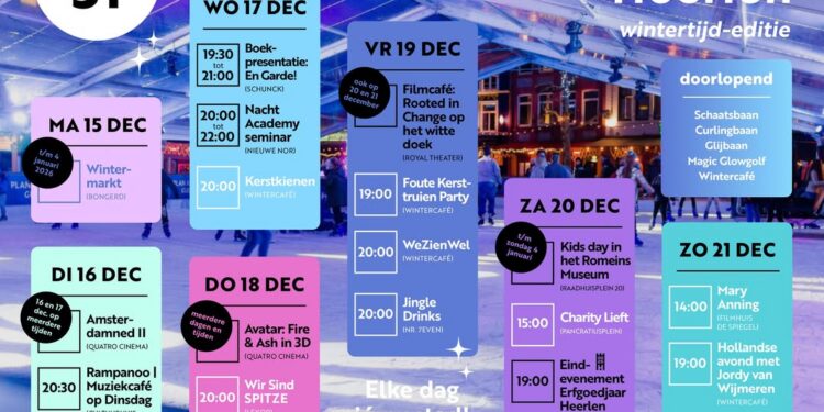 Schrijf een korte en pakkende titel in het Nederlands op basis van de onderstaande Facebooktekst: UITagenda week 51. Deze week in Heerlen zit je midden in de Wintertijd Heerlen editie vol gezelligheid, cultuur en een feestelijke afsluiting van het Erfgoedjaar! Vanaf vandaag start de Wintermarkt op de Bongerd en duiken we daarna de film in bij Quatro Cinema  of het Muziekcafé op Dinsdag in Cultuurhuis Heerlen .  Op woensdag schuif je aan bij de boekpresentatie En Garde! bij SCHUNCK , krijg je frisse ideeën tijdens het Nacht Academy seminar in de Nieuwe Nor  en warm je op bij Kerstkienen in het Wintercafé. Donderdag is er spektakel met Avatar: Fire & Ash in 3D bij Quatro Cinema en een muzikale avond bij Lexor en Café Pelt . Vrijdag staat in het teken van het Erfgoedjaar met Filmcafé Rooted in Change in het Royal Theater en daarna volop wintertijdplezier met kersttruien, dansen en drankjes in het Wintercafé.  Zaterdag is er wintertijd voor jong en oud met Kids Day in het Romeins Museum in het Raadhuis, Charity Lift op het Pancratiusplein én het feestelijke eindevenement van het Heerlen Erfgoedjaar, gevolgd door Tent op de kop in het Wintercafé. Zondag sluiten we af met film bij Filmhuis De Spiegel  en een swingende Christmas Show in PLT.nl  Uit in Heerlen: www.heerlenmijnstad.nl Zelf iets organiseren? Mail naar reuring@heerlen.nl Gemeente Heerlen.    Gebruik normale Nederlandse hoofdletterregels:   – Begin de titel met een hoofdletter.   – Gebruik hoofdletters bij plaatsnamen of namen van personen.   – Schrijf de rest van de titel zoals gebruikelijk, zonder onnodige hoofdletters.  Geef alleen de titel terug. Geen uitleg of extra tekst.